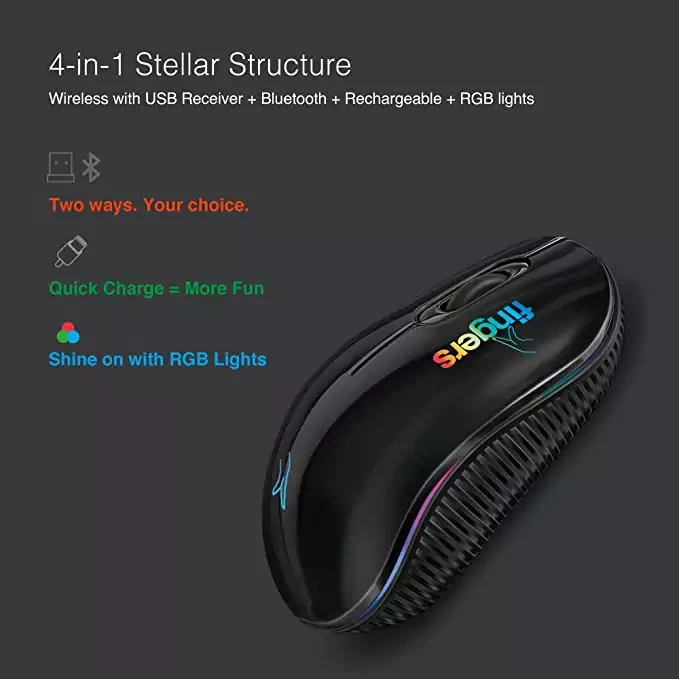 FINGERS RGB-NoviTrend Wireless Mouse (4-in-1 - Wireless with USB Receiver + Bluetooth + Rechargeable + RGB Lights | Advanced Optical Technology)