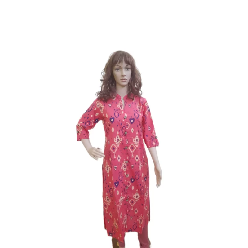 Women Handblock printed Cotton Kurti - Pale Red- Calf Length - 46 inch
