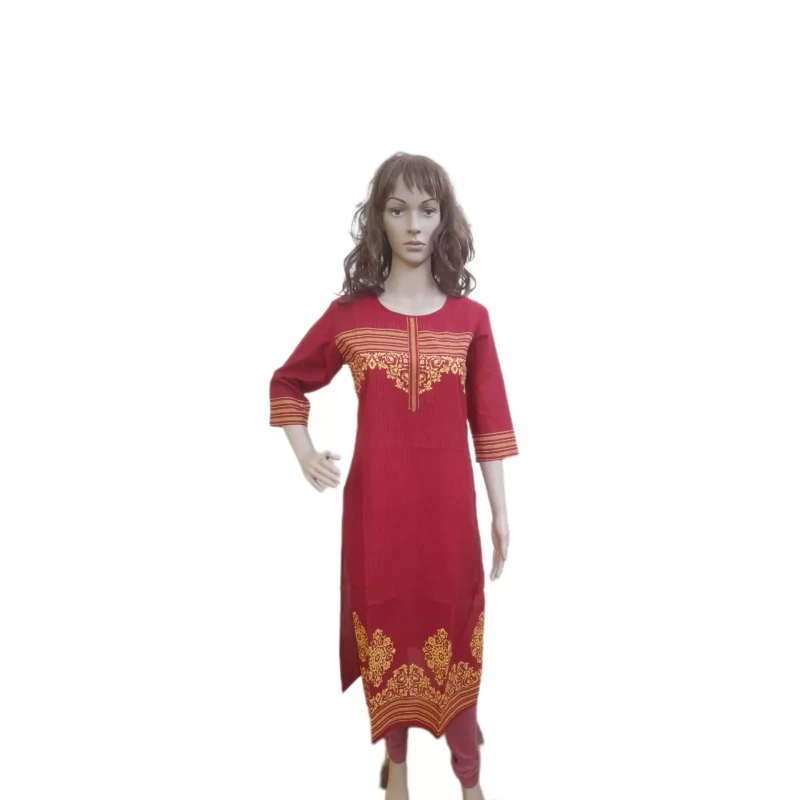 Women Handblock printed Cotton - Red - Kurti 46 inch - Calf Length