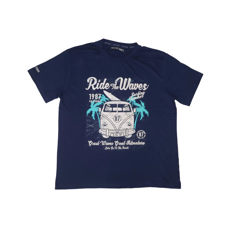 Typography Men Round Neck Blue T-Shirt