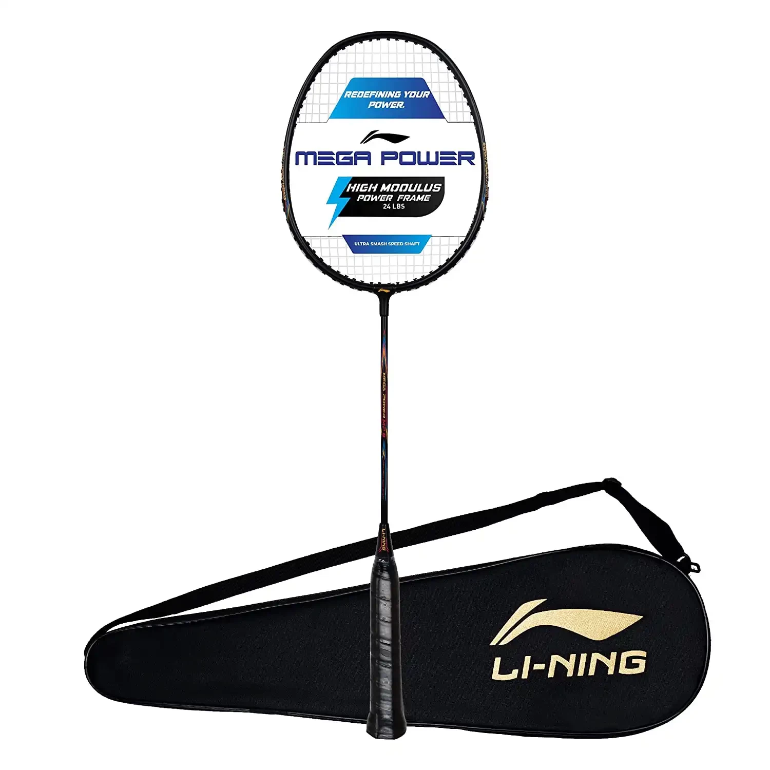 Li-Ning Mega Power Badminton Racket with Smash Power Frame with Free Full Cover (Black/gold)