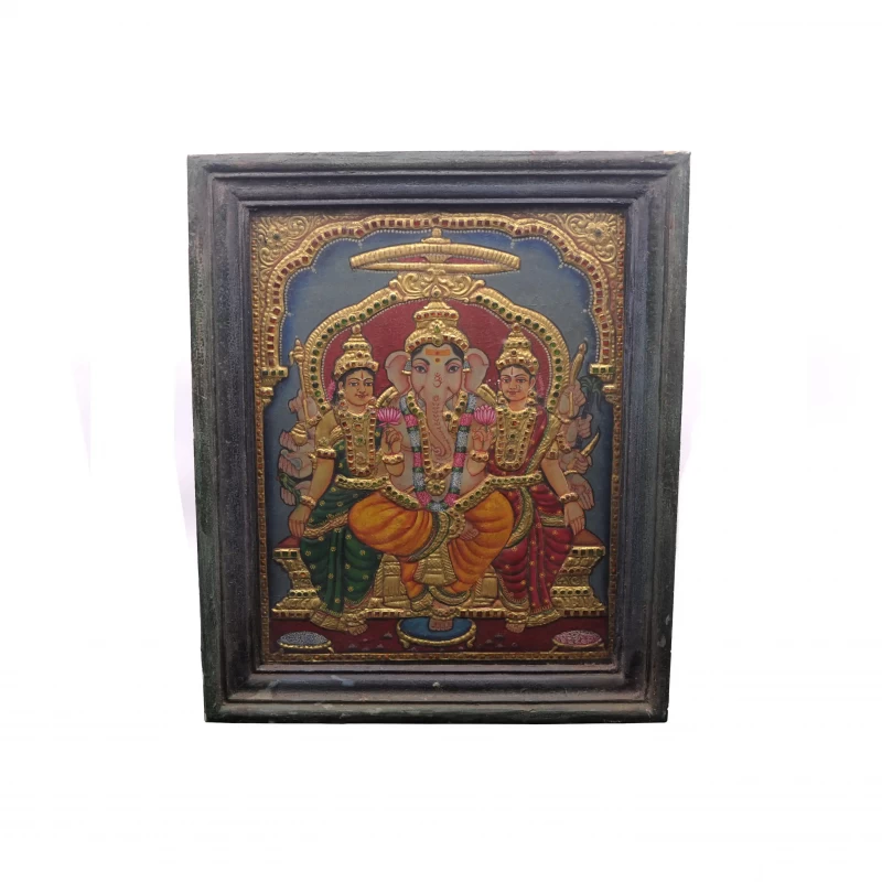 Lord Ganesha With Family - Tanjore Painting - Rare Art