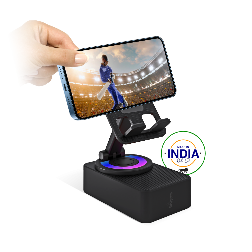 FINGERS Mini MOT (My-Own-TV) Portable Speaker-Cum-Mobile Stand with Rotating 360-degree (Dazzling RGB Lights | 6-Hours Big Playback Time | Built-in Mic for Hands-Free Calls) - Rich Black
